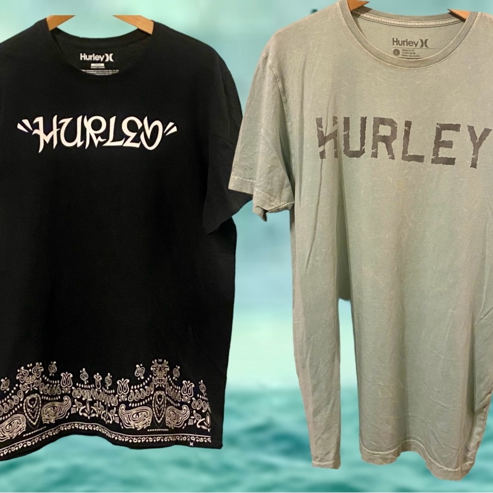 2 HURLEY MENS LARGE CREW T SHIRTS BLACK NWOT GREEN VTG BROKE IN P 21 L 30 GREAT